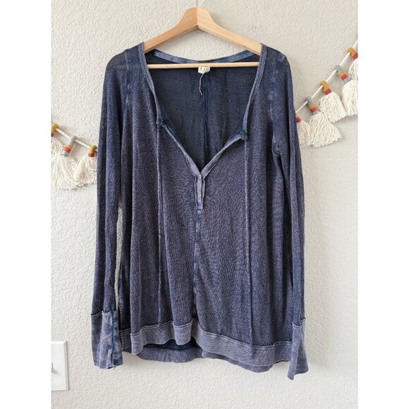 We The Free Affogato Hacci Indigo Linen Blend V-Neck Knit Sheer Top Beachy S - Picture 1 of 9